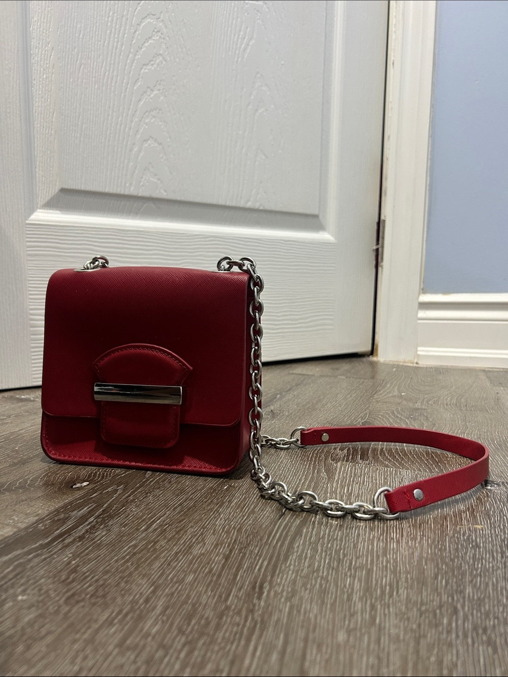 Red Leather Crossbody Bag with Silver Chain Strap